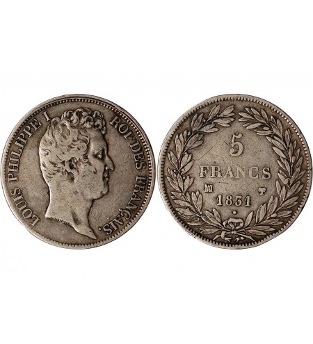 LOUIS PHILIPPE﻿ - 5 FRANCS ARGENT 1831 MA MARSEILLE "Type Tiolier, Tr creux"