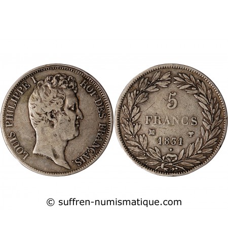 LOUIS PHILIPPE﻿ - 5 FRANCS ARGENT 1831 MA MARSEILLE "Type Tiolier, Tr creux"