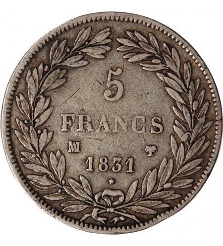 LOUIS PHILIPPE﻿ - 5 FRANCS ARGENT 1831 MA MARSEILLE "Type Tiolier, Tr creux"