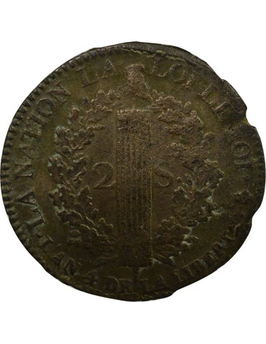 Louis XVI au Faisceau 2 sols Métal de Cloche 1792 A - Paris