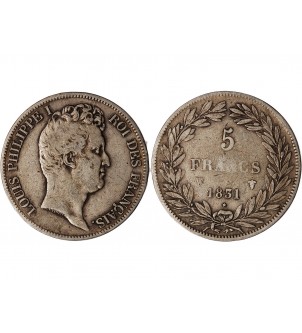 LOUIS PHILIPPE﻿ - 5 FRANCS ARGENT 1831 W LILLE "Type Tiolier, Tr creux" 2