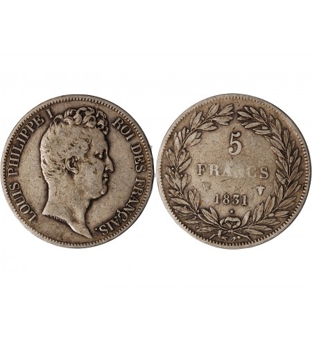 LOUIS PHILIPPE﻿ - 5 FRANCS ARGENT 1831 W LILLE "Type Tiolier, Tr creux"