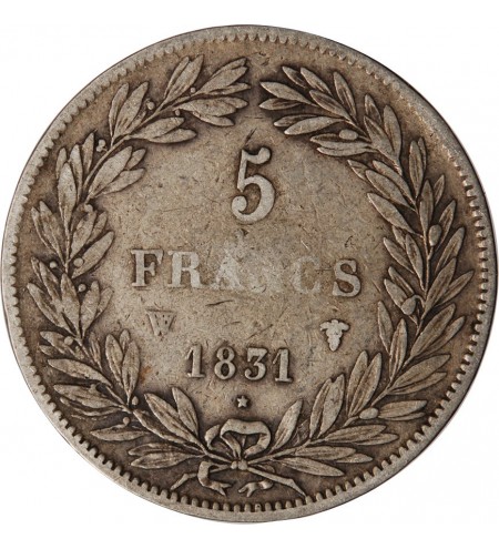 LOUIS PHILIPPE﻿ - 5 FRANCS ARGENT 1831 W LILLE "Type Tiolier, Tr creux"