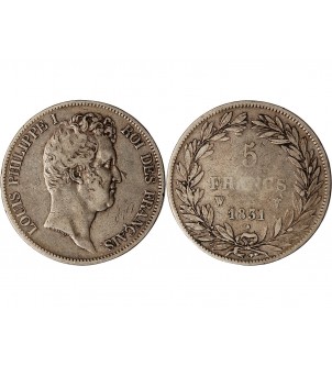LOUIS PHILIPPE﻿ - 5 FRANCS ARGENT 1831 W LILLE "Type Tiolier, Tr creux" 2