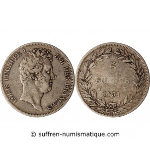 LOUIS PHILIPPE﻿ - 5 FRANCS ARGENT 1831 W LILLE "Type Tiolier, Tr creux"