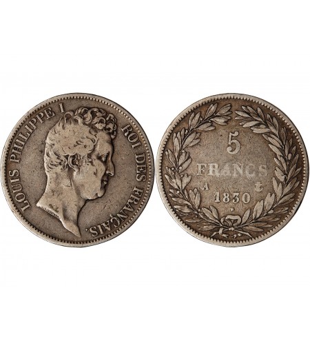 LOUIS PHILIPPE﻿ - 5 FRANCS ARGENT 1830 A PARIS "Type Tiolier, Tr relief"