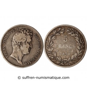 LOUIS PHILIPPE﻿ - 5 FRANCS ARGENT 1830 A PARIS "Type Tiolier, Tr relief"
