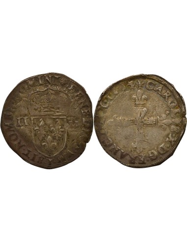 Charles X Cardinal de Bourbon au nom de Charles X 1/4 écu Argent 1594 T Nantes