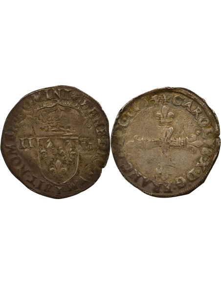 Charles X Cardinal de Bourbon au nom de Charles X 1/4 écu Argent 1594 T Nantes