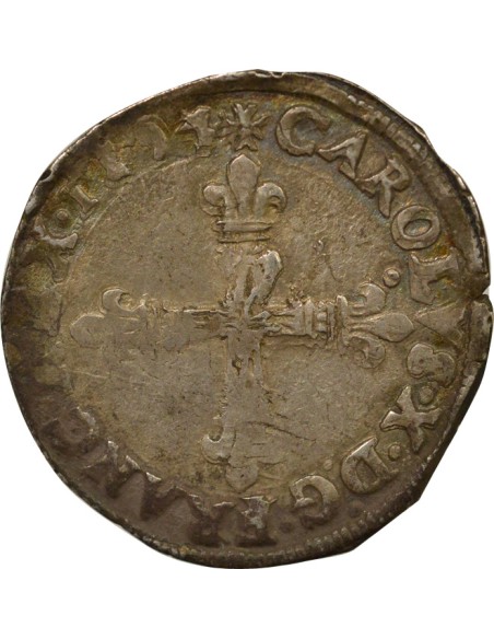 Charles X Cardinal de Bourbon au nom de Charles X 1/4 écu Argent 1594 T Nantes