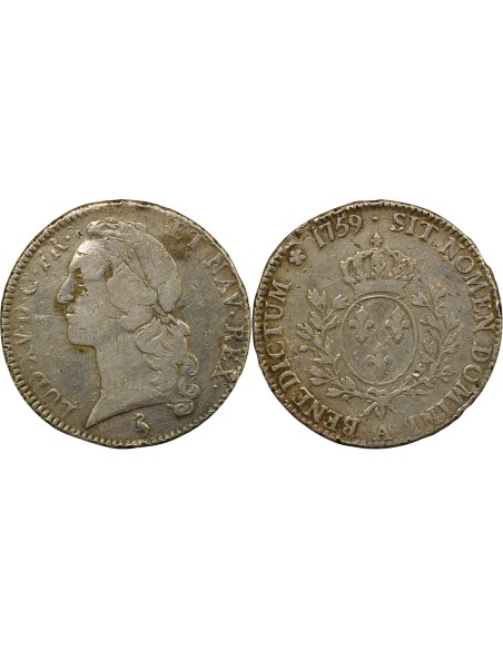 Louis XV au Bandeau 1 écu Argent 1759 A - Paris