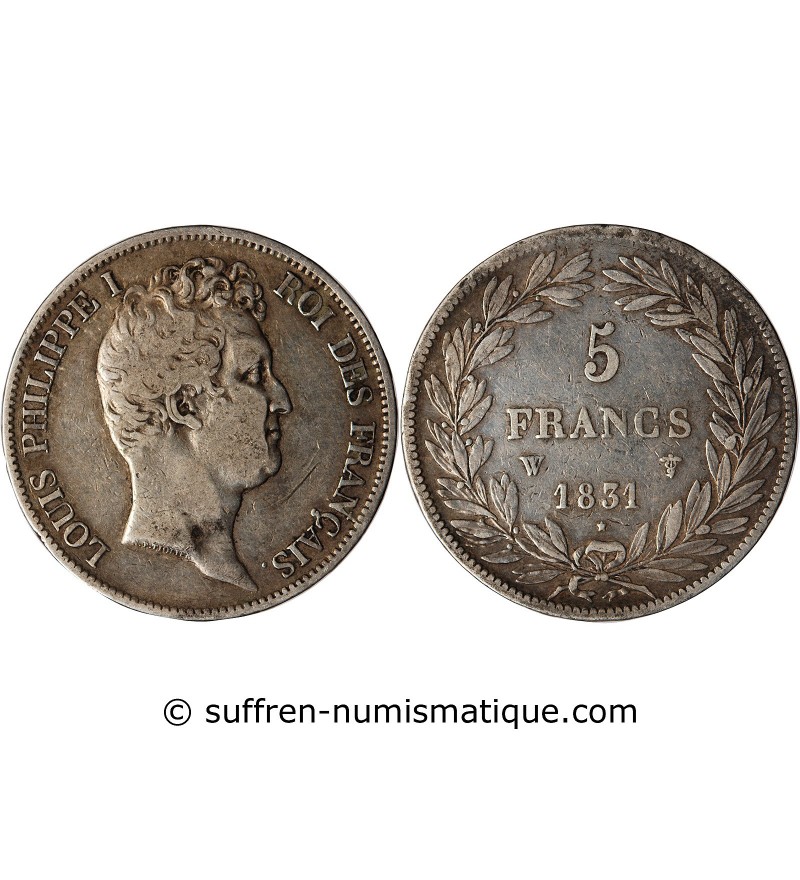 LOUIS PHILIPPE﻿ - 5 FRANCS ARGENT 1831 W LILLE "Type Tiolier, Tr relief"