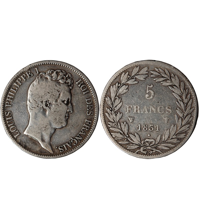 LOUIS PHILIPPE﻿ - 5 FRANCS ARGENT 1831 W LILLE "Type Tiolier, Tr relief"
