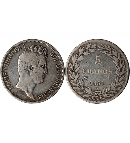 LOUIS PHILIPPE﻿ - 5 FRANCS ARGENT 1831 W LILLE "Type Tiolier, Tr relief"