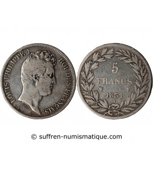 LOUIS PHILIPPE﻿ - 5 FRANCS ARGENT 1831 W LILLE "Type Tiolier, Tr relief"