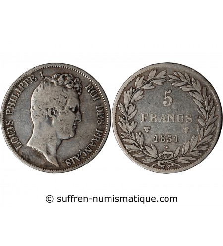 LOUIS PHILIPPE﻿ - 5 FRANCS ARGENT 1831 W LILLE "Type Tiolier, Tr relief"