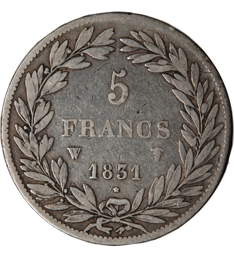 LOUIS PHILIPPE﻿ - 5 FRANCS ARGENT 1831 W LILLE "Type Tiolier, Tr relief"