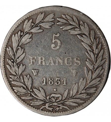 LOUIS PHILIPPE﻿ - 5 FRANCS ARGENT 1831 W LILLE "Type Tiolier, Tr relief"