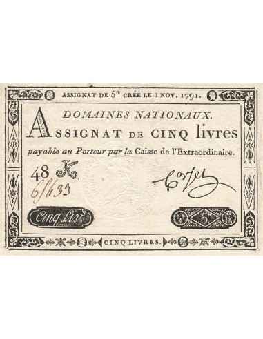 5 Livres - 1er Novembre 1791 - Sign. Corsel - Série 48K 5 livres 1791