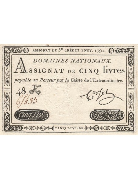 5 Livres - 1er Novembre 1791 - Sign. Corsel - Série 48K 5 livres 1791