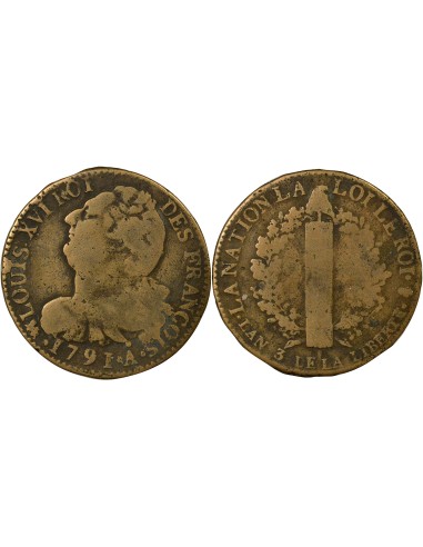 Louis XVI au Faisceau 2 sols Métal de Cloche 1791 A - Paris