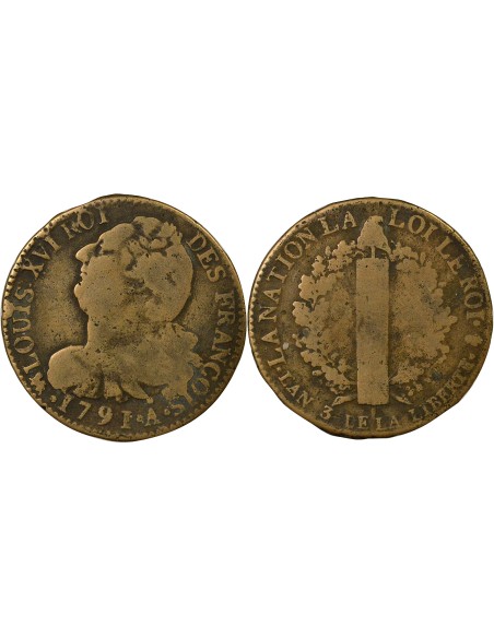 Louis XVI au Faisceau 2 sols Métal de Cloche 1791 A - Paris