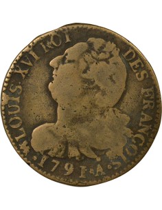 Louis XVI au Faisceau 2 sols Métal de Cloche 1791 A - Paris 2
