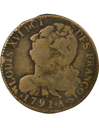 Louis XVI au Faisceau 2 sols Métal de Cloche 1791 A - Paris
