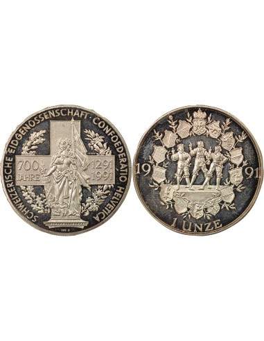 Suisse 700 ans de la Confédération 1 once Argent 1991 Huguenin