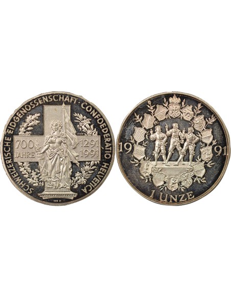 Suisse 700 ans de la Confédération 1 once Argent 1991 Huguenin