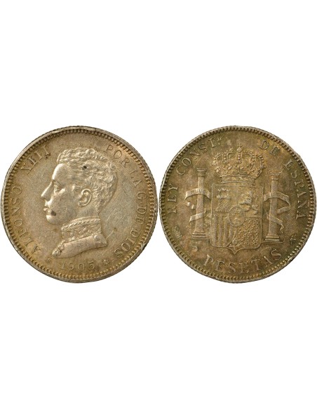 Espagne Alphonse XIII d'Espagne 4e Portrait 2 pesetas Argent 1905 AI Madrid