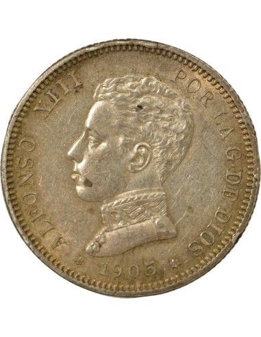 Espagne Alphonse XIII d'Espagne 4e Portrait 2 pesetas Argent 1905 AI Madrid