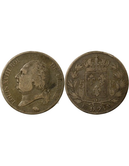 Louis XVIII Tête nue 5 francs Argent 1823 M Toulouse