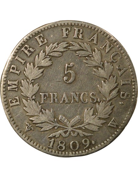 Roi d'Italie Empire 5 francs Argent 1809 W Lille