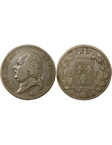Louis XVIII Tête nue 5 francs Argent 1823 A - Paris