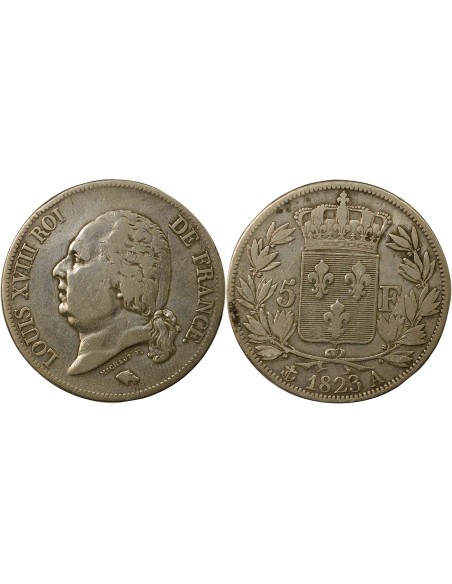 Louis XVIII Tête nue 5 francs Argent 1823 A - Paris