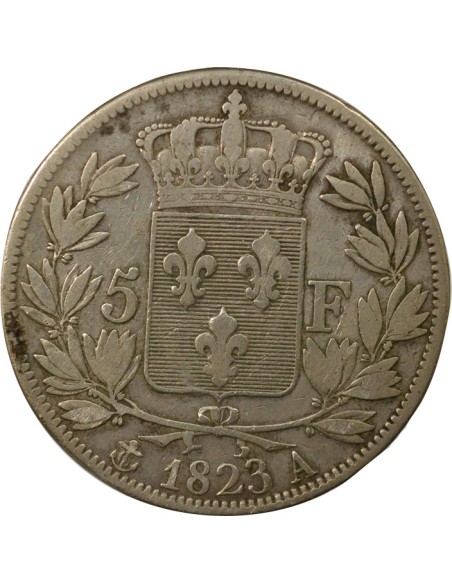 Louis XVIII Tête nue 5 francs Argent 1823 A - Paris