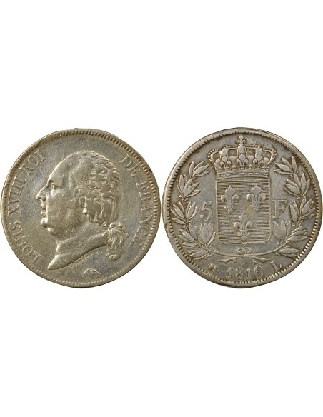 Louis XVIII Tête nue 5 francs Argent 1816 L Bayonne