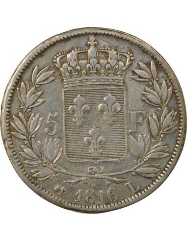 Louis XVIII Tête nue 5 francs Argent 1816 L Bayonne