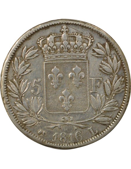 Louis XVIII Tête nue 5 francs Argent 1816 L Bayonne