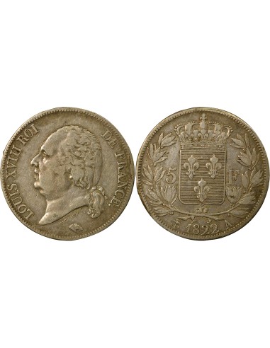 Louis XVIII Tête nue 5 francs Argent 1822 A - Paris