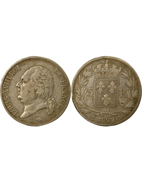 Louis XVIII Tête nue 5 francs Argent 1822 A - Paris