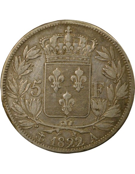 Louis XVIII Tête nue 5 francs Argent 1822 A - Paris