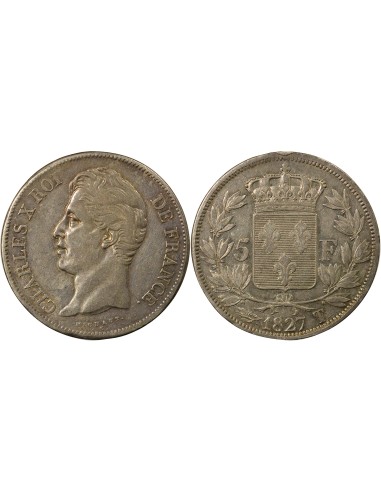 Charles X 2e Type 5 francs Argent 1827 T Nantes