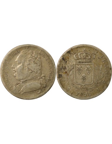 Louis XVIII au Buste Habillé 5 francs Argent 1814 L Bayonne