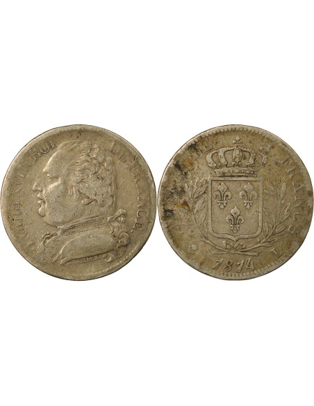 Louis XVIII au Buste Habillé 5 francs Argent 1814 L Bayonne