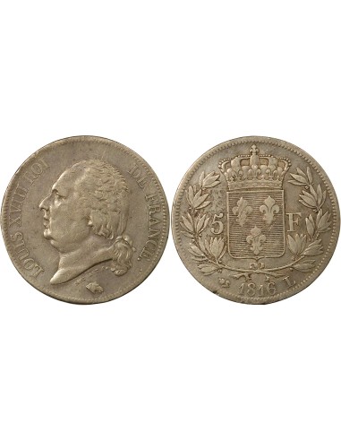 Louis XVIII Tête nue 5 francs Argent 1816 L Bayonne