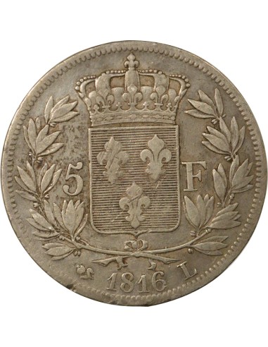 Louis XVIII Tête nue 5 francs Argent 1816 L Bayonne