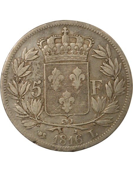 Louis XVIII Tête nue 5 francs Argent 1816 L Bayonne