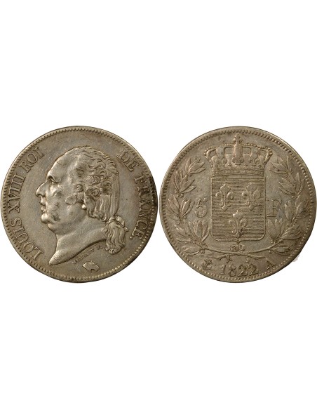 Louis XVIII Tête nue 5 francs Argent 1822 A - Paris